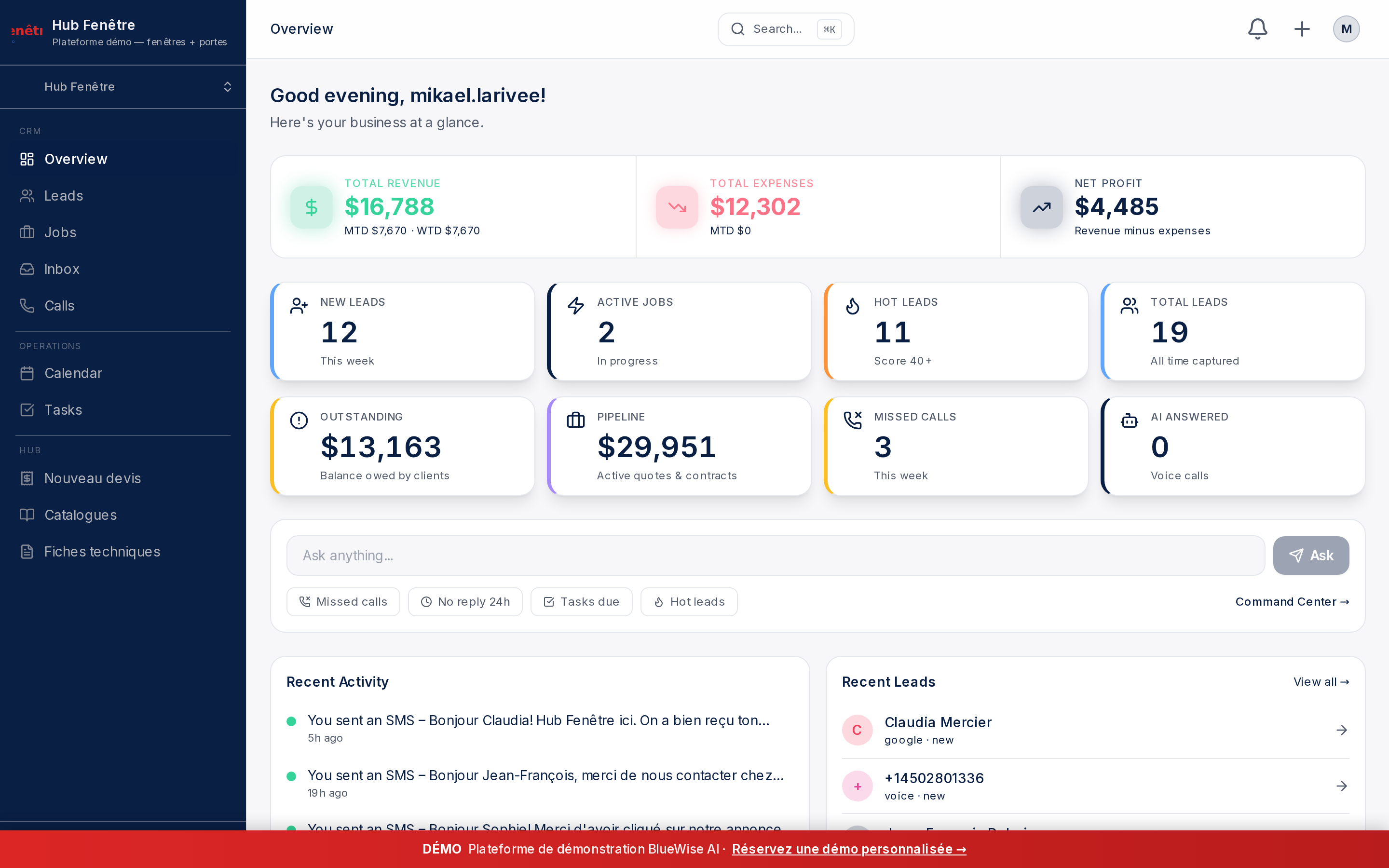Hub Fenêtre — CRM overview dashboard for a Quebec windows installer